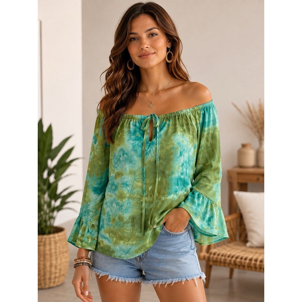 Green Blue Tie Dye Off Shoulder Boho Peasant Blouse Bell Sleeve Size M NEW